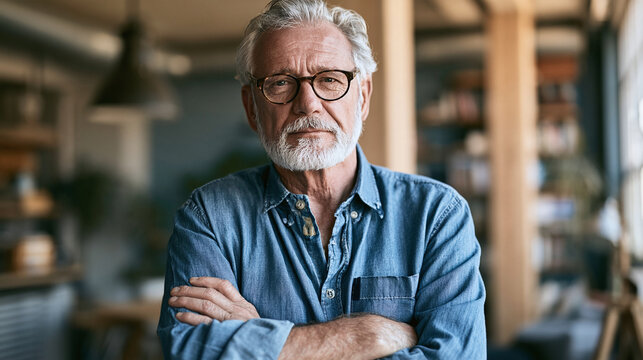 Confident senior man with glasses and beard posing in modern interior