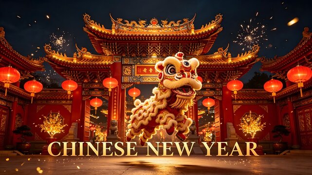 Chinese New Year Lion Dance Banner with Gate and Lanterns
