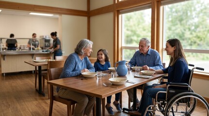 Fototapeta premium Family shares a meal at an accessible shelter