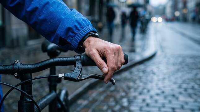 Raincoat cuff and hand on a wet bicycle handlebar