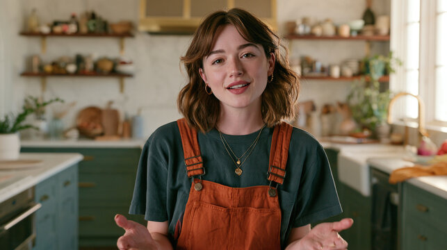 Young woman talk to camera in cozy kitchen with warm friendly atmosphere
