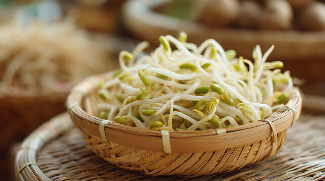 Fresh mung bean sprouts in a woven bamboo basket, showcasing healthy plant-based food, natural ingredients, Asian cuisine and fresh produce in a warm rustic setting.