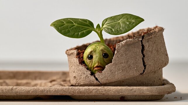 Seeds and Seedlings photo: a cracked peat pot on a tray with a tiny sprout peeking out and looking worried, bright white background.