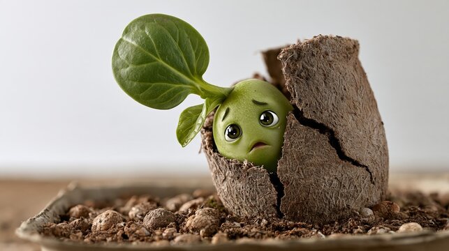 Seeds and Seedlings photo: a cracked peat pot on a tray with a tiny sprout peeking out and looking worried, bright white background.