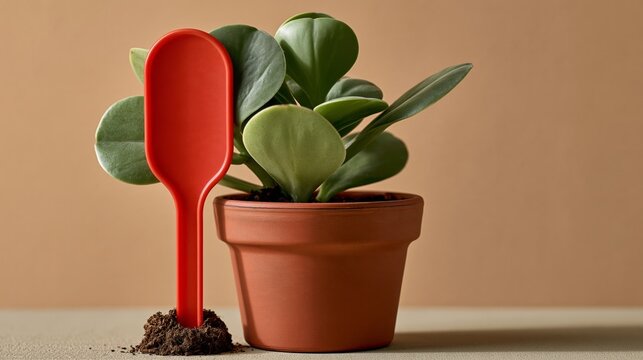 Seeds and Seedlings photo: a plant label stuck in soil on a pot with the plant grown over and hiding it, warm beige background.