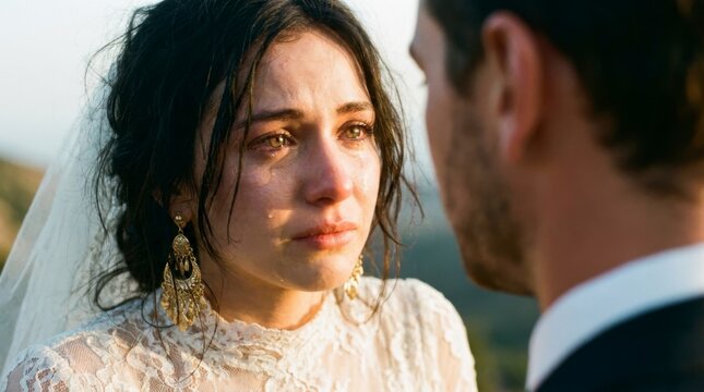 Emotional bride in white wedding dress crying while looking at her groom during an outdoor ceremony