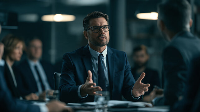 Focused businessman discuss strategy during corporate boardroom meeting at work