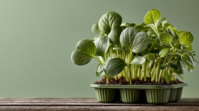 Seeds and Seedlings photo: a seed tray overflowing with crowded seedlings on a bench, looking messy, pastel green background.