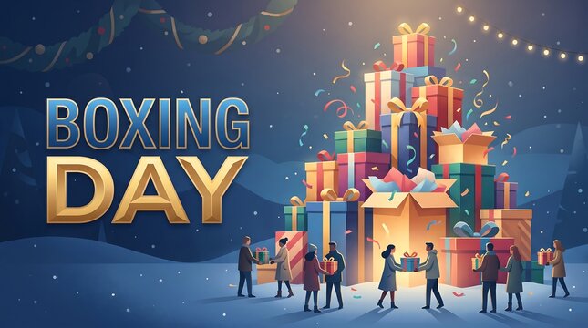 Boxing Day Celebration Illustration Featuring People Exchanging Gifts and a Large Stack of Colorful Presents on a Blue Winter Night Background