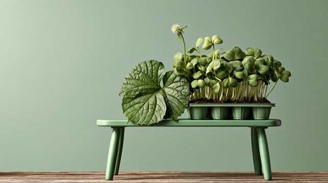 Seeds and Seedlings photo: a seed tray overflowing with crowded seedlings on a bench, looking messy, pastel green background.