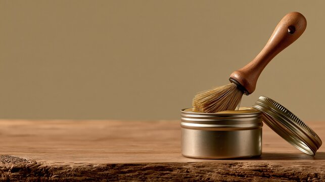 Shoe Care Accessories photo: an open tin of shoe polish on a wooden table with a brush stuck inside, warm beige background.