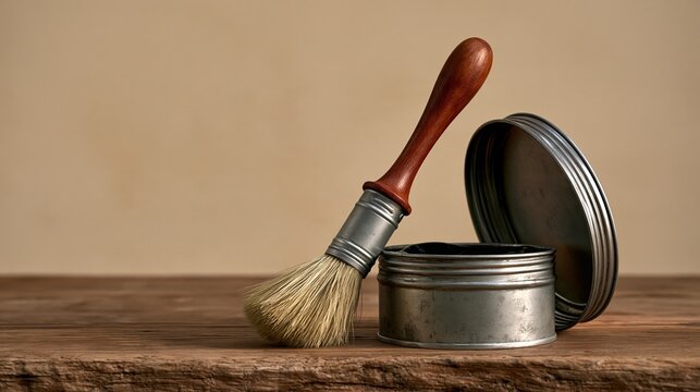 Shoe Care Accessories photo: an open tin of shoe polish on a wooden table with a brush stuck inside, warm beige background.