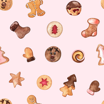 Cute seamless pattern with watercolor Christmas cookies on pink background