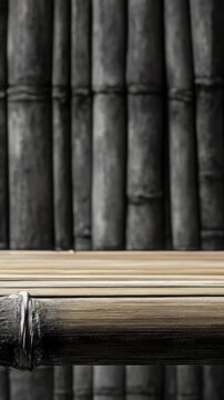 Close-up view of a wooden table against a natural bamboo backdrop