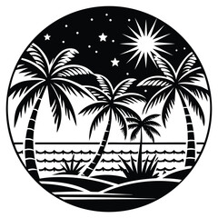 Tropical Palm Tree Silhouette on Island Beach, Exotic Paradise with Coconut Palm, Ocean Sea and Sunny Sky, Summer Vacation Travel and Tropical Nature Vector Illustration © Saidur