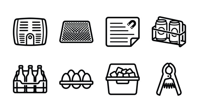 A collection of beverage and food container icons, featuring a beer keg, egg carton, ice, bottle carrier, soda cans, and other illustrated elements.