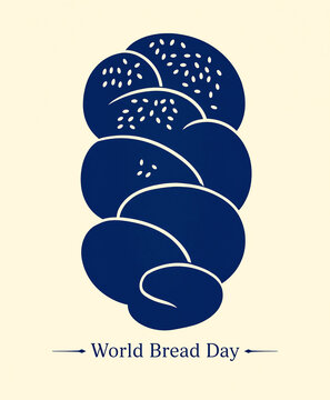 Poster for World Bread Day with a flat graphic challah bread silhouette on a cream background.