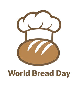 Poster for World Bread Day with a flat graphic icon of a bread loaf wearing a chef hat on a white background.