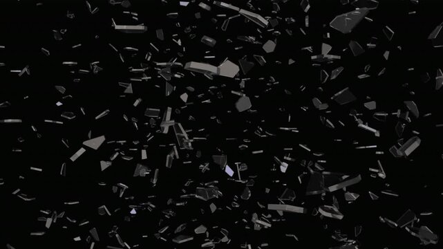 Very dense fine glass shatter overlay on black background, exploding micro debris VFX effect