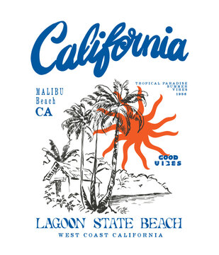 Palm tree Malibu beach in California. Summer vector T-shirt tee Design. Sunset beach. slogan typography. Boy, girl, women's fashion clothing. men's graphic. hand drawing. 