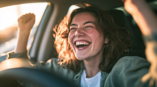 Excited young woman celebrate success with raised arms inside a car