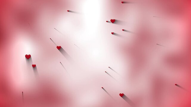 Abstract pink and red animation background for Valentines day with floating heart shapes, soft blurred glow, shadows