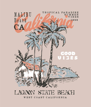 Malibu Beach CA California. Hand Drawing Tropical Palm tree with lagoon state beach. summer vector. beach graphic. tee shirt. design. west coast. vintage retro art. typography slogan. text print. 