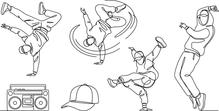 Continuous Line Art Breakdancer Character Set with Hip Hop Dancers Boombox and Baseball Cap for Street Dance Culture Youth Lifestyle Posters and Apparel Designs