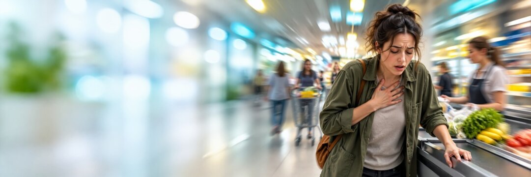 Distressed woman having a panic attack at a supermarket checkout counter. Chest pain, difficulty breathing, and sensory overload in a grocery store with copy space