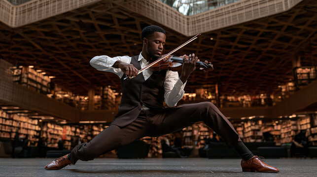 A talented musician play violin in a modern library with wooden design