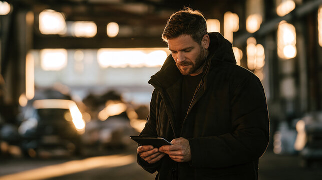 Man using mobile device outdoor urban environment at sunset golden hour