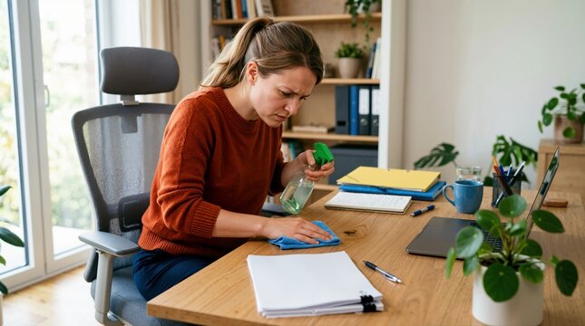 Woman cleaning office desk with spray bottle and cloth instead of working. Adult with ADHD procrastinating on paperwork and laptop tasks at home