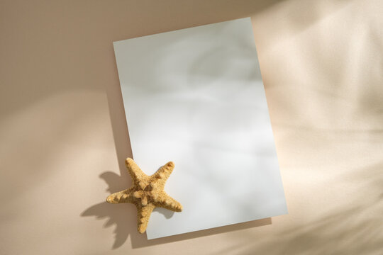 Blank card mockup with starfish on beige background with tropical shadows