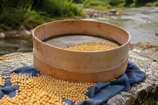 Traditional round wooden sieve with dried soybeans beside a river. Bentwood grain sifter and scattered yellow beans on blue fabric outdoors