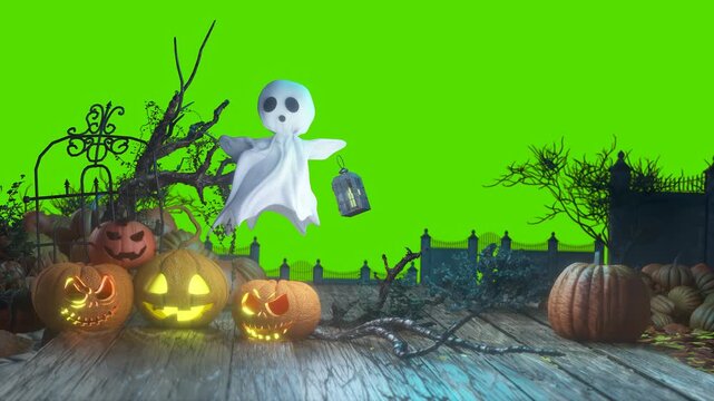 Cute Halloween Ghost Character with Flowing Fabric and Wide Eyes on green loop Background 3d render