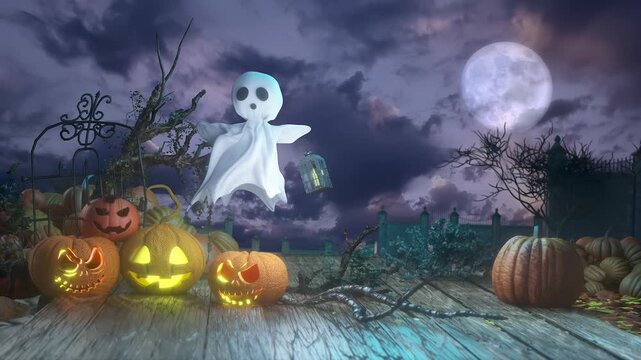Spooky Halloween Scene with Ghost, Glowing Jack-o-Lanterns, Haunted Gate and Full Moon render 3d