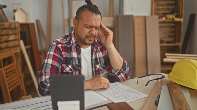 Man carpenter rubbing temple while looking at tablet and documents in workshop building; stress paperwork deadlines.
