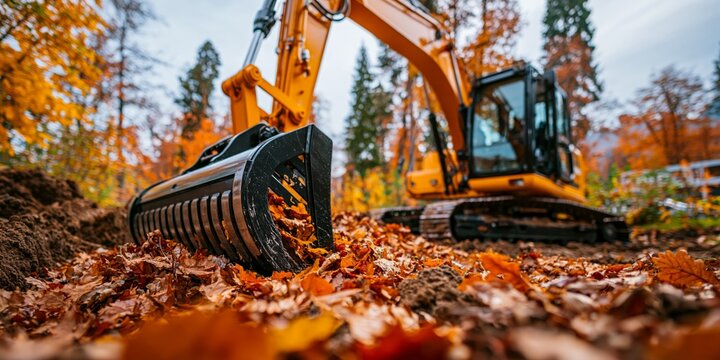 Yellow excavator with grapple bucket digging in autumn forest, surrounded by fallen orange leaves.