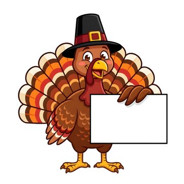 Cartoon turkey character holding blank speech bubble with happy expression