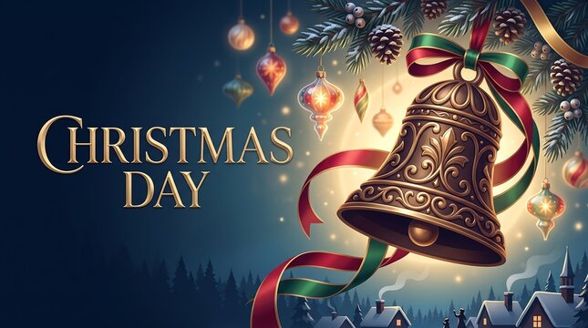 Christmas Day Greeting Background with Ornate Golden Bell Festive Ribbons and Snowy Winter Village Landscape