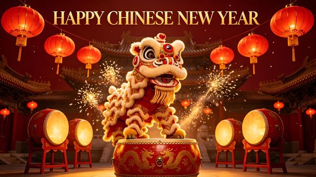 Happy Chinese New Year Lion Dance Banner with Drums and Lanterns   