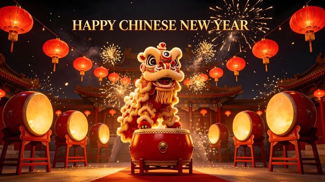 Happy Chinese New Year Lion Dance Banner with Drums and Lanterns   