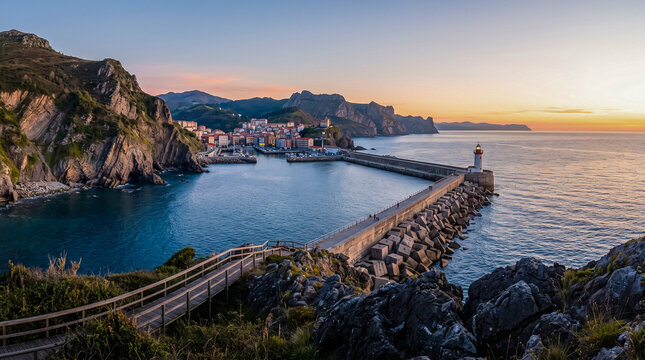 Panor&aacute;mica del puerto pesquero y faro del espig&oacute;n al atardecer, con acantilados verdes, mirador y casas t&iacute;picas frente al mar Cant&aacute;brico.