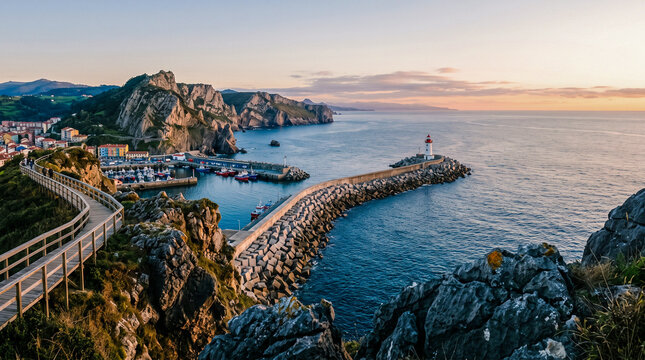 Panor&aacute;mica del puerto pesquero y faro del espig&oacute;n al atardecer, con acantilados verdes, mirador y casas t&iacute;picas frente al mar Cant&aacute;brico.