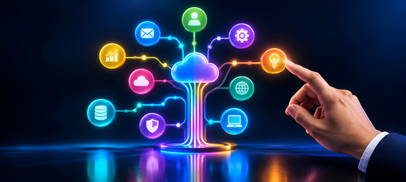 Neon Cloud Computing Tree Concept with Glowing Business Icons and Futuristic Data Network Structure