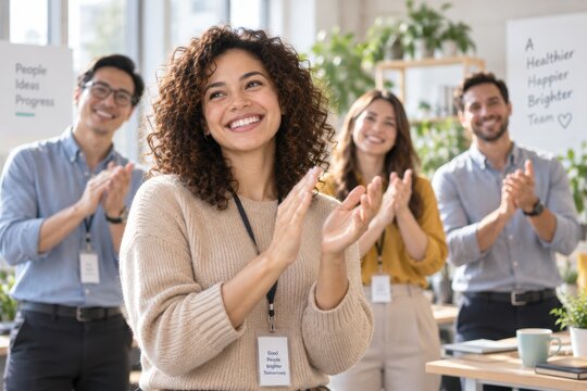 Successful Teamwork and Applause: A vibrant team applauds with joy and pride, celebrating a successful project completion or a team member's achievement in a modern office setting.