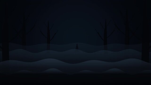 Dark forest night landscape loop with minimalist trees and hills