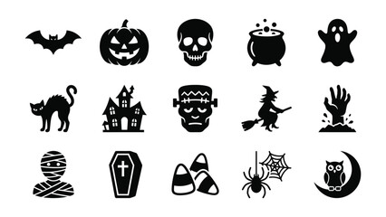 Obraz premium Spooky Halloween Icons: A collection of classic black and white Halloween icons including a bat, jack-o'-lantern, skull, cauldron, ghost, cat, haunted house, monster, witch, zombie hand, mummy.