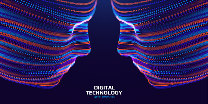 Face to face. Digital head. Dialogue, contact, and communication. A facial mask formed by green lines resembling data streams within a digital mind. AI concept. Modeling or scanning process. Vector.