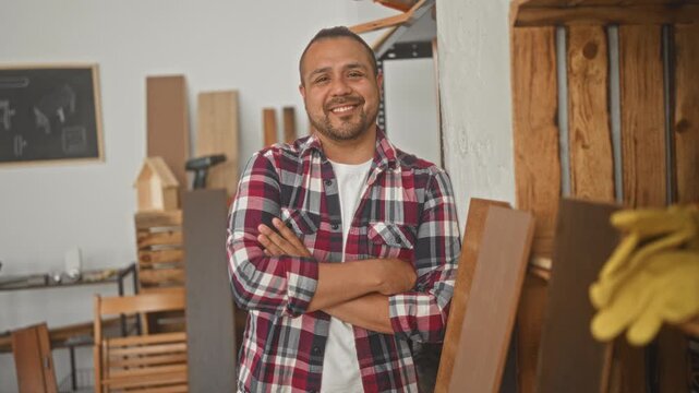 Man in plaid shirt with arms crossed holding wood plank beside stacked lumber and tools in a woodworking studio; craft pride.